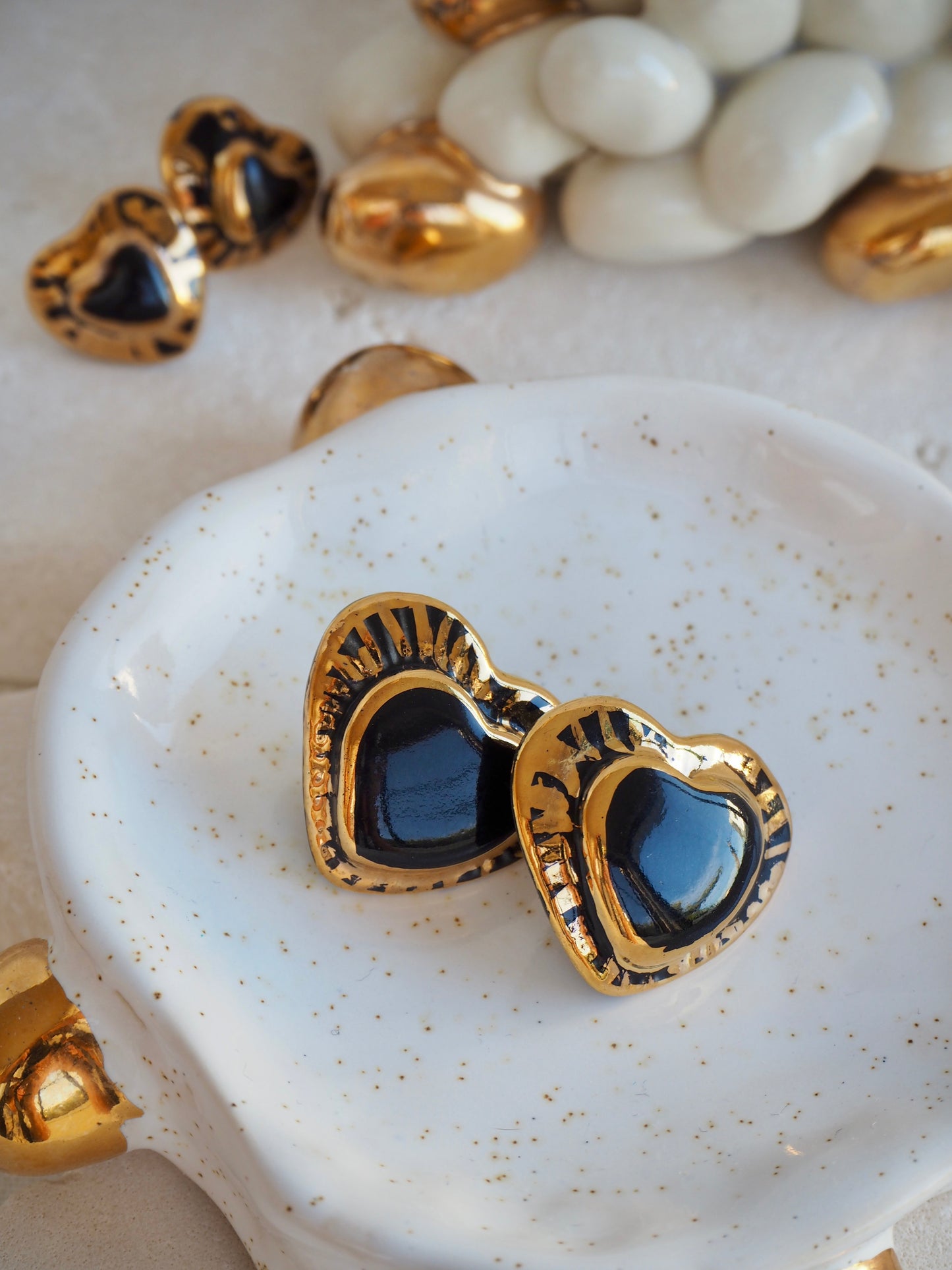Large Handmade Porcelain Heart Stud Earrings coloured with “Black” glossy glaze & 24k Gold lustre details