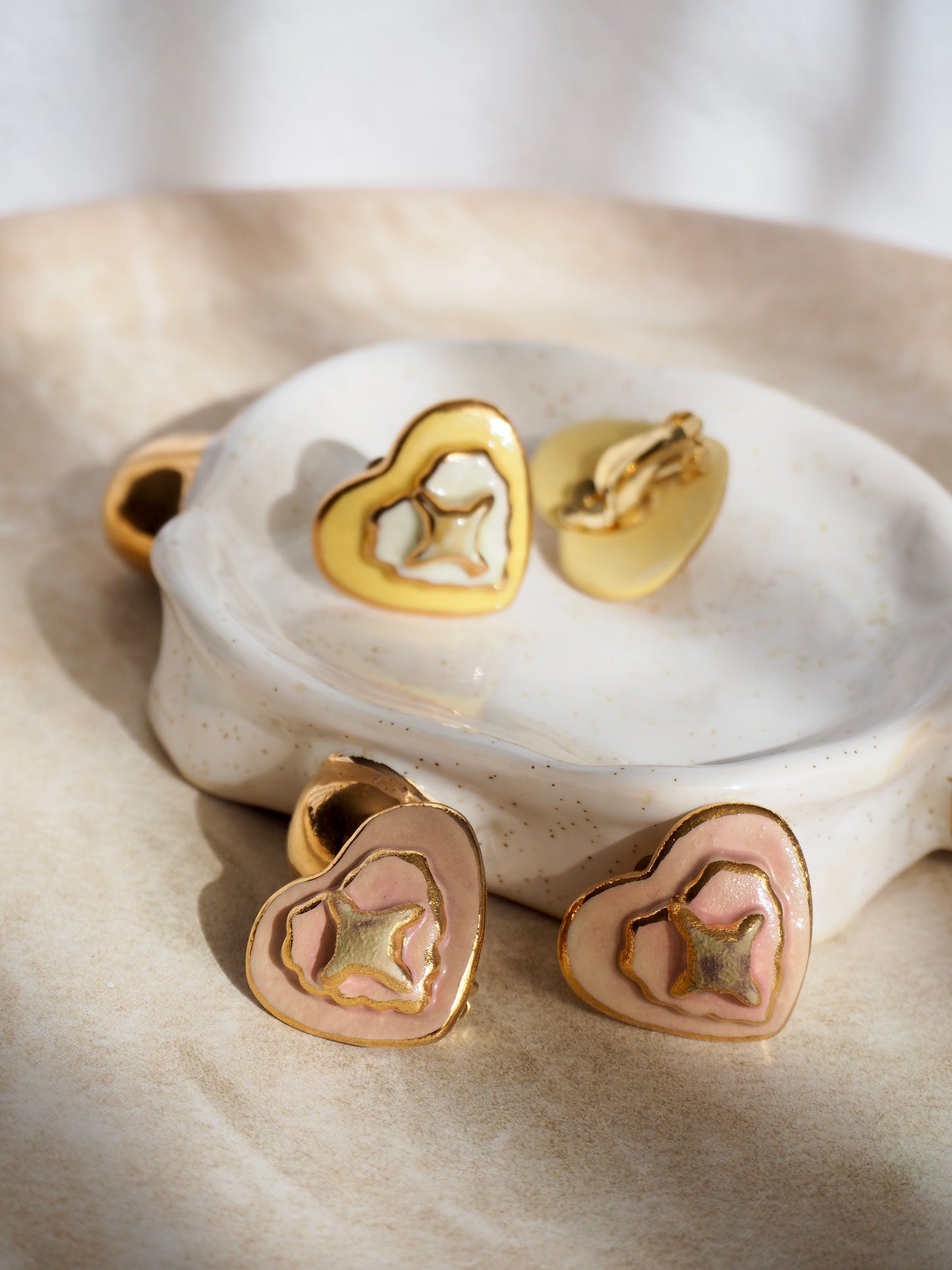Clip-on Porcelain Heart Earrings in light Pink & matte light green coloured glaze with 24k Gold lustre details