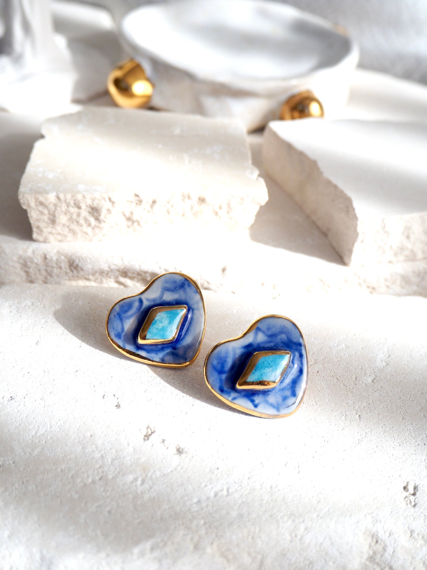 Large Handmade Porcelain Heart Stud Earrings coloured with “Shades of Blues” glossy glazes & 24k Gold lustre details