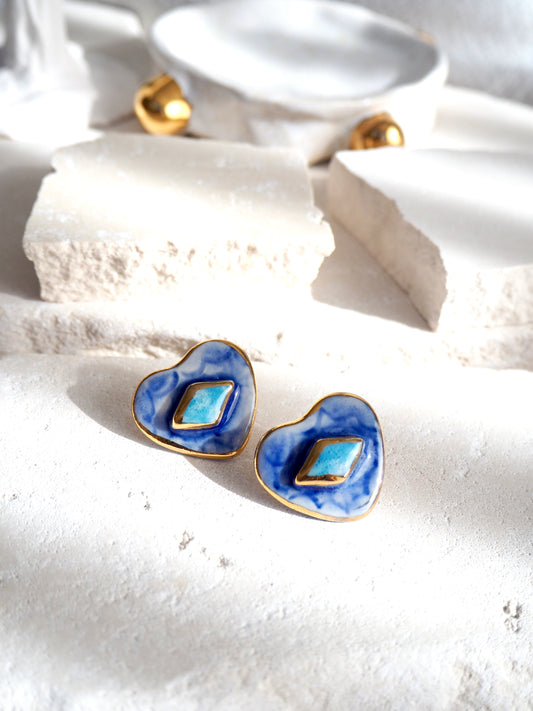 Large Handmade Porcelain Heart Stud Earrings coloured with “Shades of Blues” glossy glazes & 24k Gold lustre details