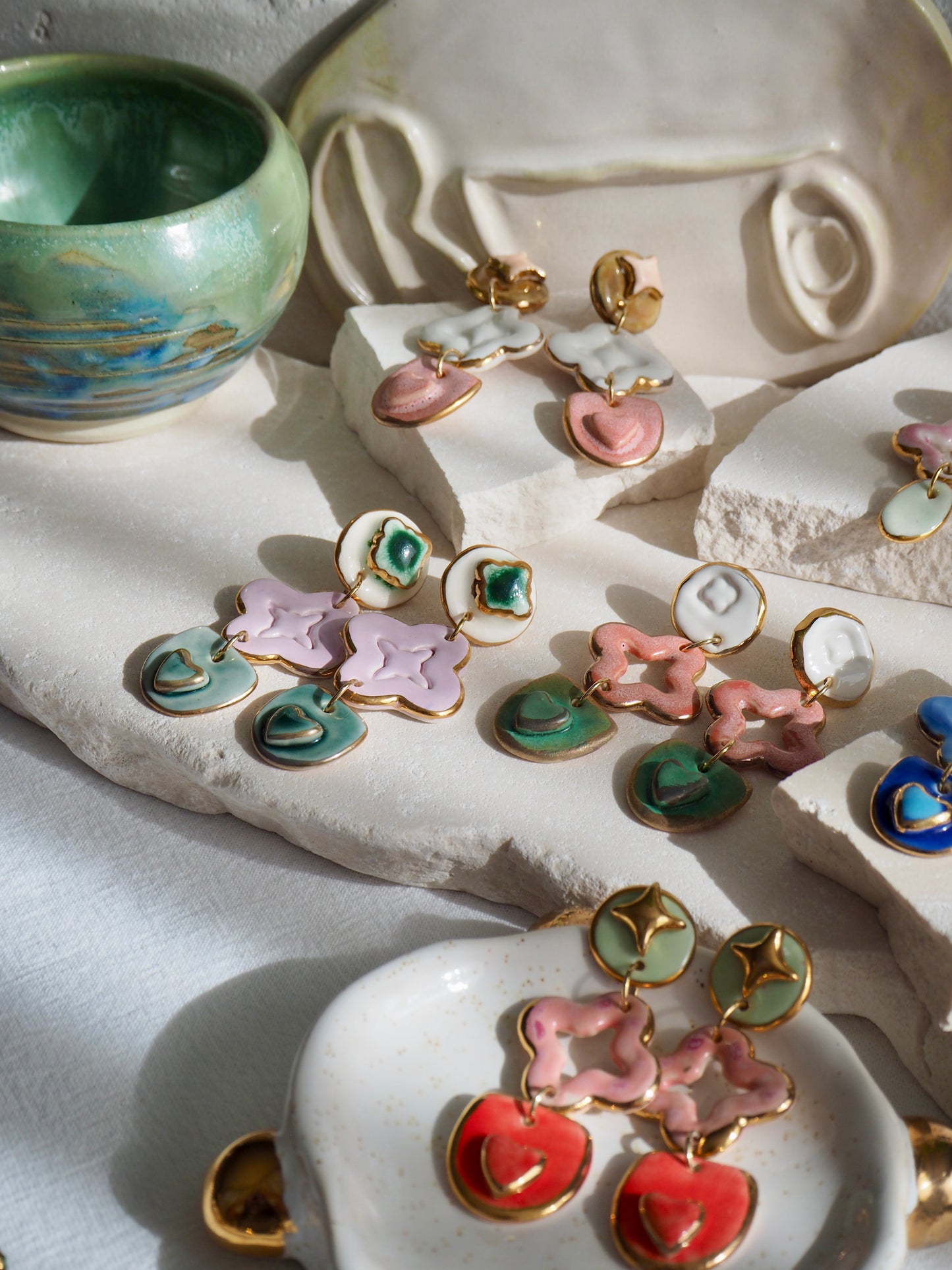 Gioia Originals “Fortunata” Handmade Porcelain Earrings in glossy White, Pink and matte Green glazes with 24k Gold lustre details