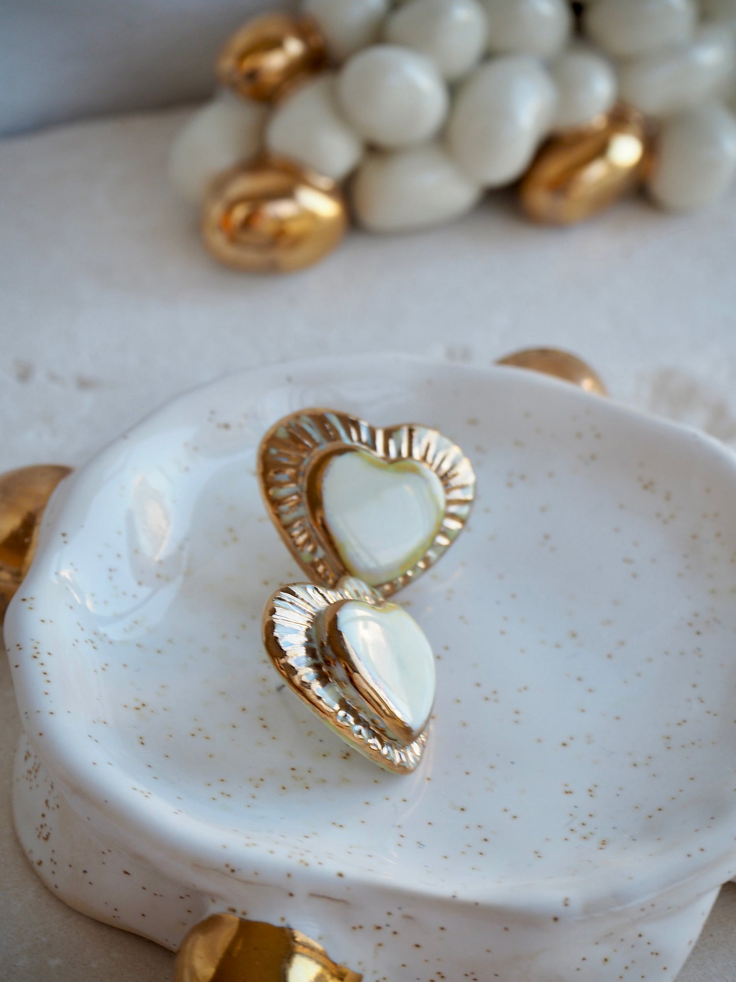 Large Handmade Porcelain Heart Stud Earrings coloured with “Pearly Off-White” glossy glaze & 24k Gold lustre details