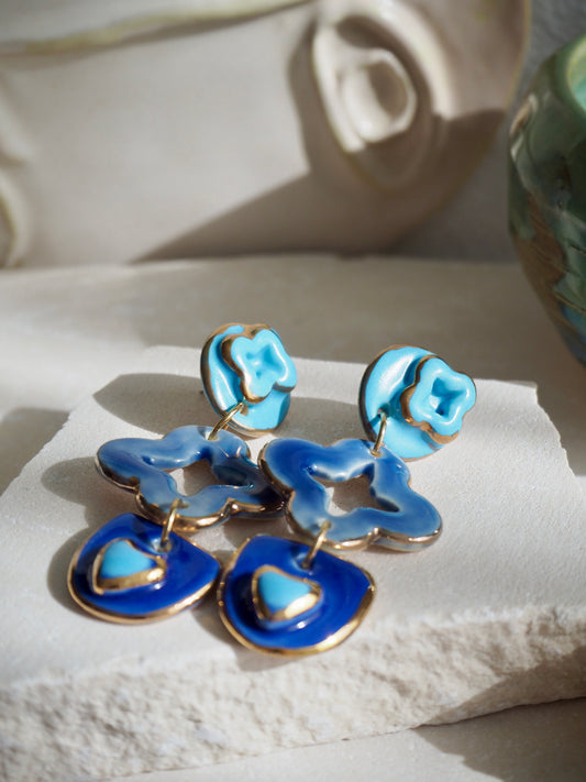 Gioia Originals “Fortunata” Handmade Porcelain Earrings in shades of Blues glossy glazes with 24k Gold lustre details