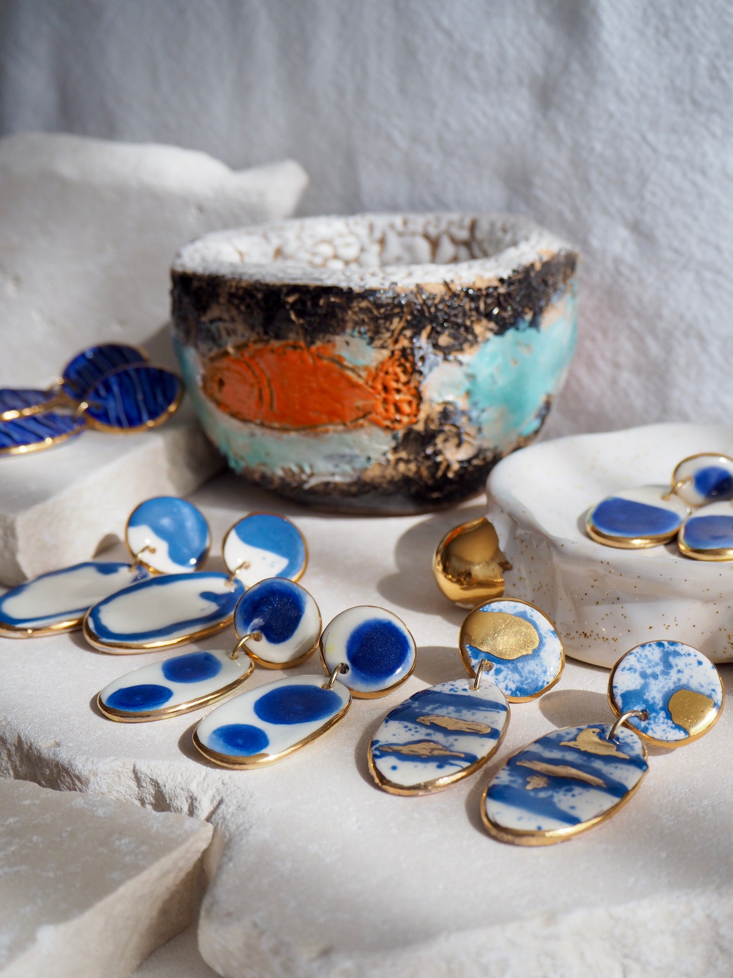 Royal Blue Rim & White Porcelain Earrings coloured using ceramic stain under clear glaze for glossy look