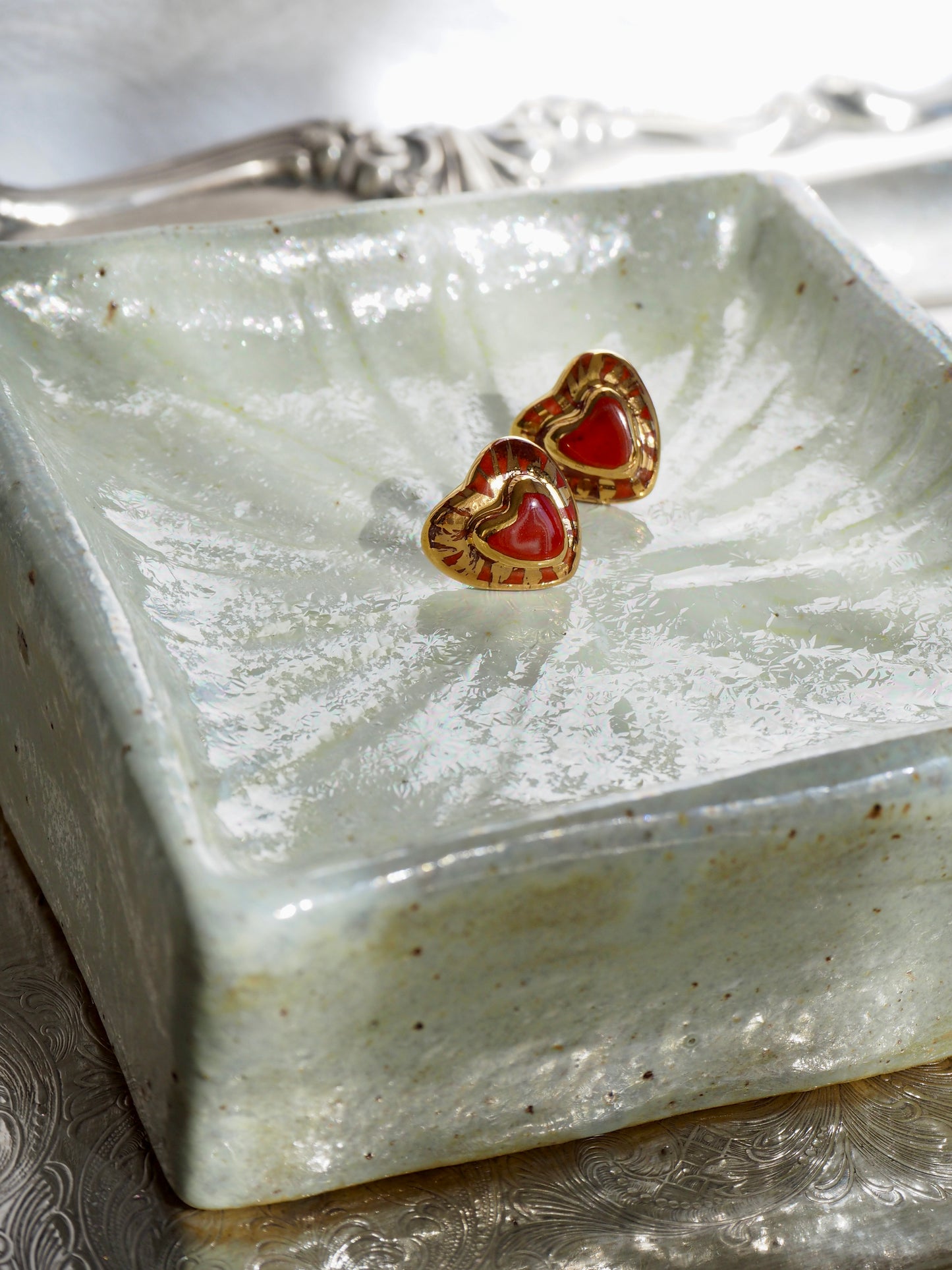 Small Handmade Porcelain Heart Stud coloured with “Bright Red” glossy glaze with 24k Gold lustre rays (Second Pair in Red)
