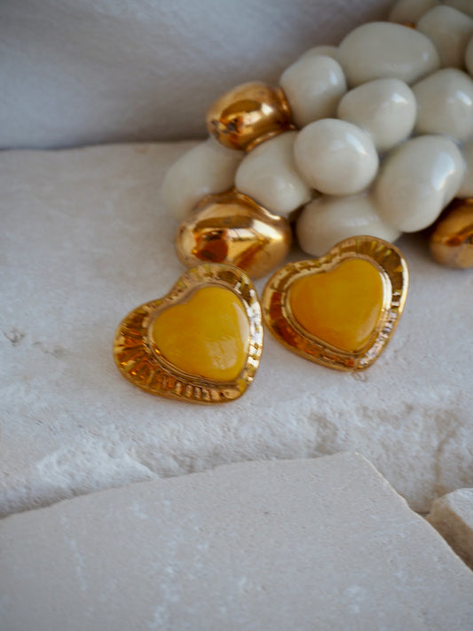 Large Handmade Porcelain Heart Stud Earrings coloured with “Bright Yellow” glossy glaze & 24k Gold lustre details