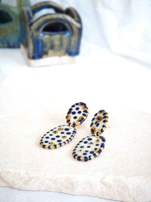 Polka Dot Blue and white Porcelain Earrings in “Royal Blue” ceramic stain under clear glaze for glossy look