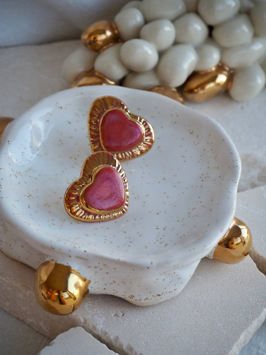 Large Handmade Porcelain Heart Stud Earrings coloured with “Speckled Pink” glossy glaze & 24k Gold lustre details