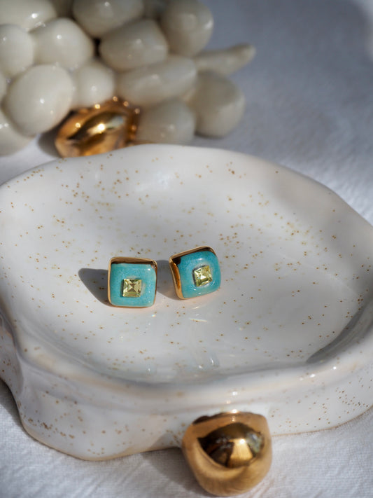 “Supernova” Aqua Green Small Square Handmade Porcelain Studs with 24k Gold lustre rims and Swarovskis Crystal
