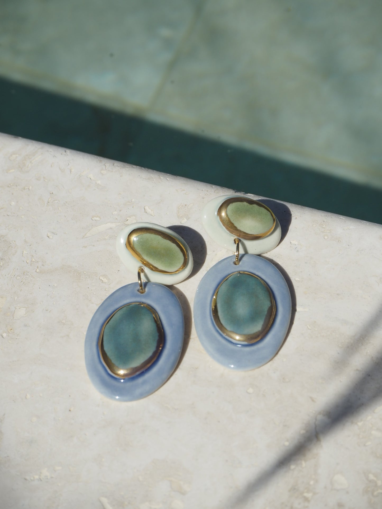 Femminilità Porcelain Earrings in  Green Tones & Light Cobalt Blue coloured glazes