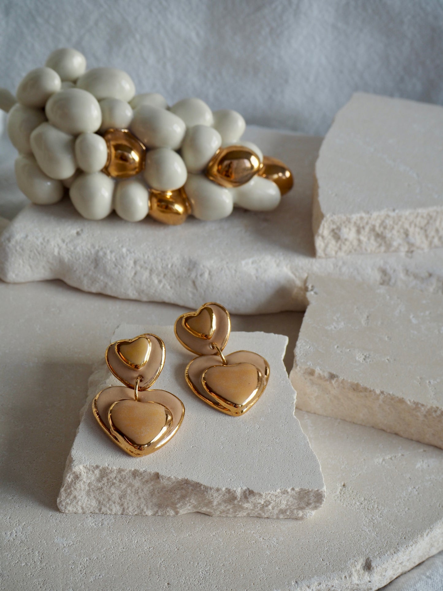 Handmade Porcelain Heart Earrings faded Yellow Hearts on Parchment underglaze glaze with 24k Gold lustre rims