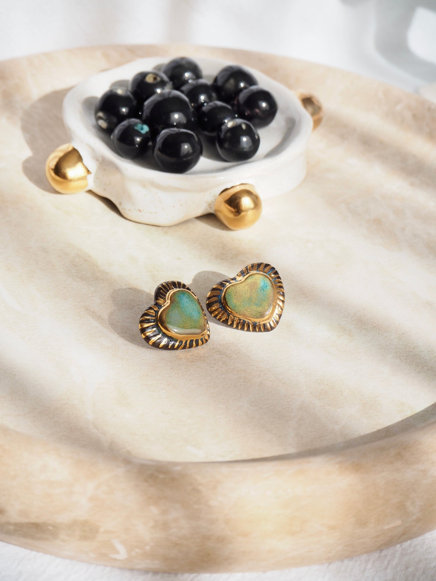 Black Clay Heart Earrings with blue glossy glazes & 24k Gold lustre rim