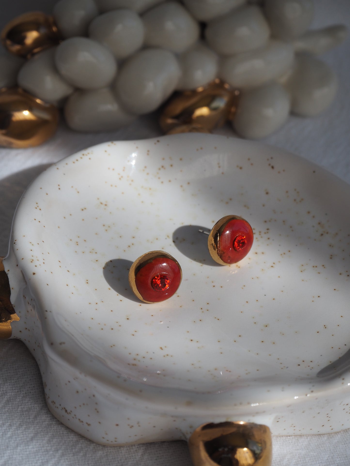 “Supernova” Red Wood Small Handmade Porcelain Studs with 24k Gold lustre rims and Swarovskis Crystal
