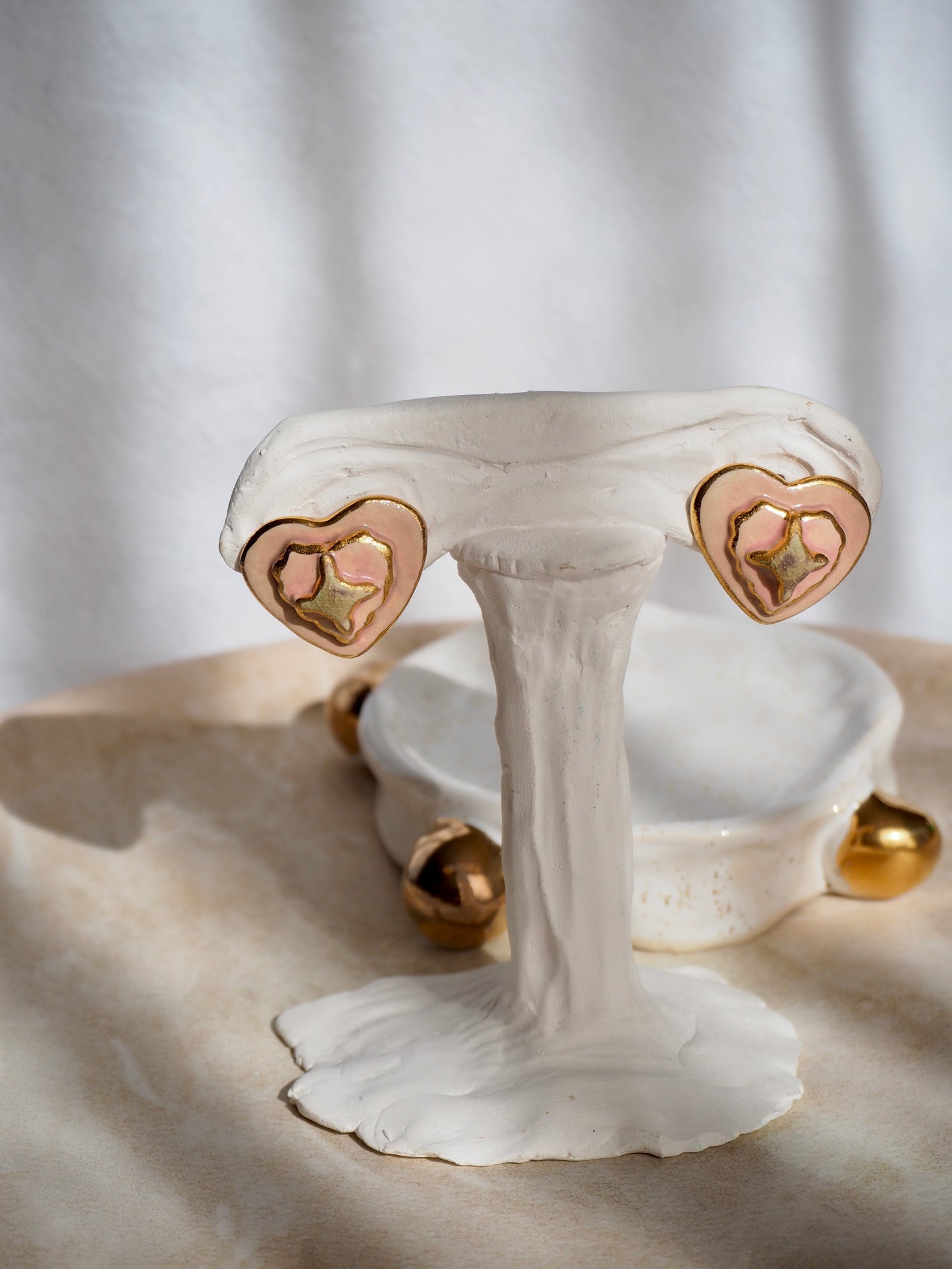 Clip-on Porcelain Heart Earrings in light Pink & matte light green coloured glaze with 24k Gold lustre details