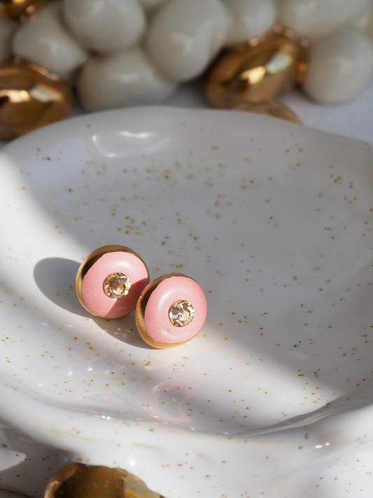“Supernova” Pink Small Handmade Porcelain Studs with 24k Gold lustre rims and Swarovskis Cristals