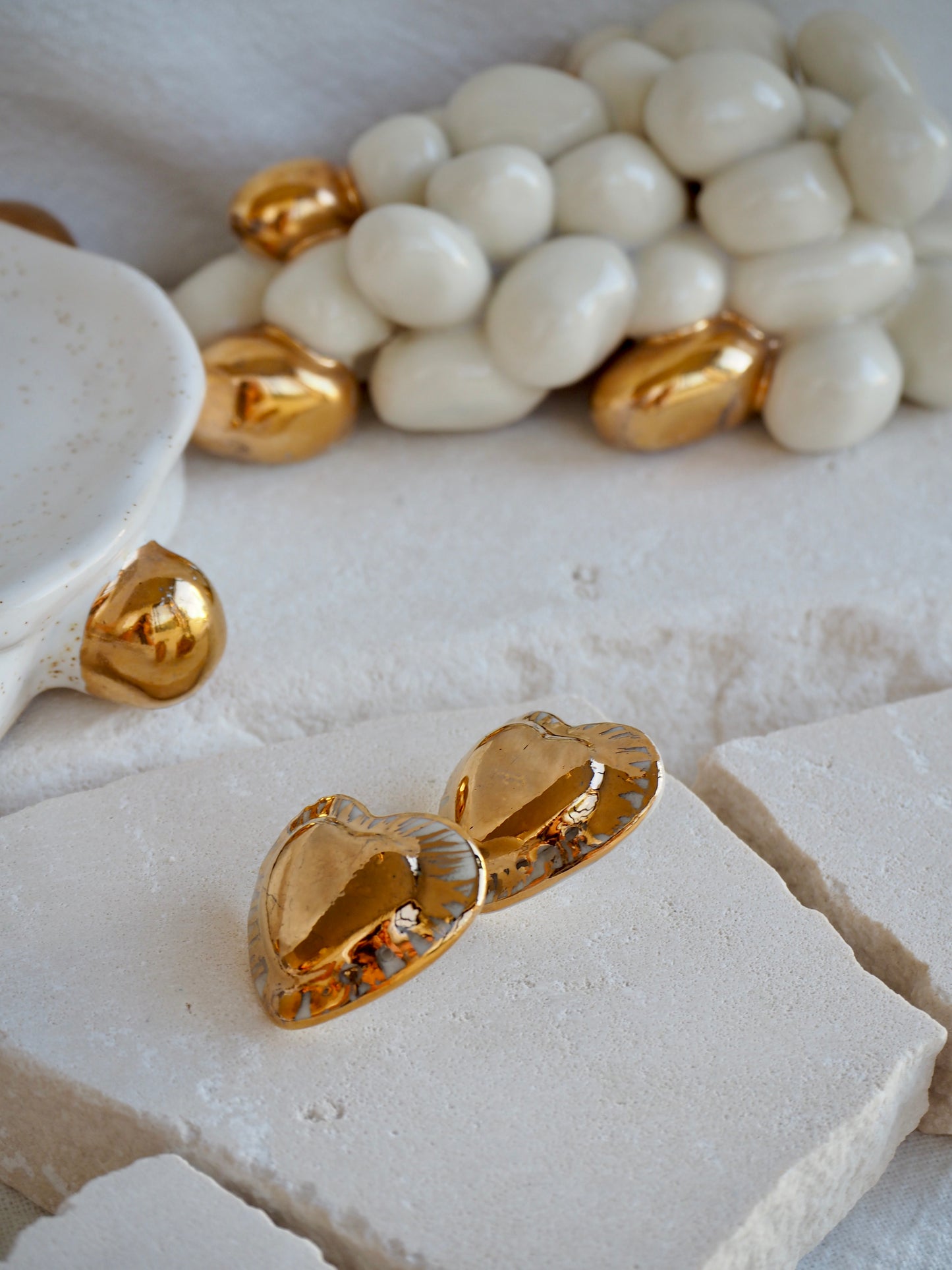 Large Handmade Porcelain Heart Stud Earrings coloured with “White” glossy glaze & almost completely cover with 24k Gold lustre