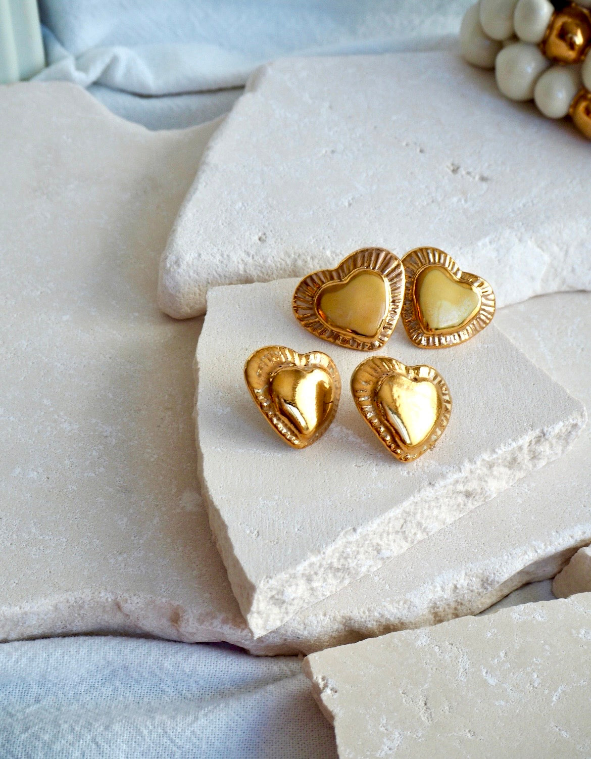 Large Handmade Porcelain Heart Stud Earrings coloured with Parchment and Light Yellow glossy glaze & 24k Gold lustre details