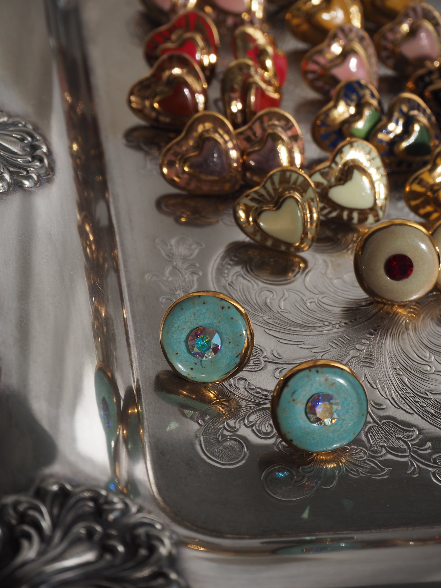 “Bigger Supernova” Speckled Aqua Large Handmade Porcelain Studs with 24k Gold lustre rims and an Swarovskis Crystal