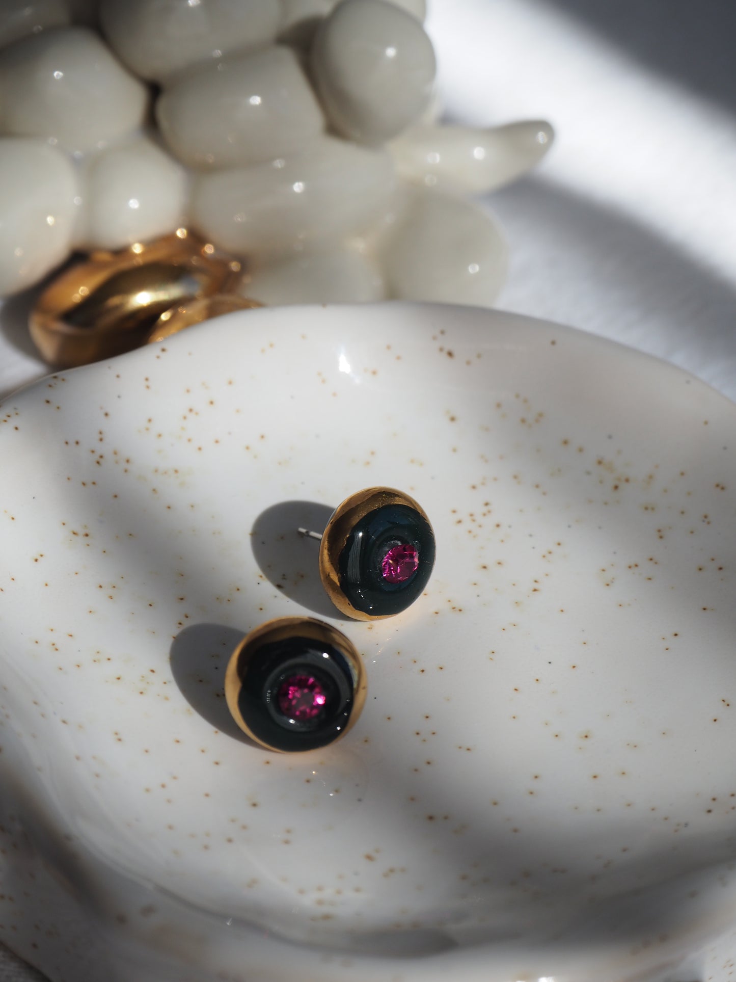 “Supernova” very Dark Green Small Handmade Porcelain Studs with 24k Gold lustre rims and Swarovskis Crystal