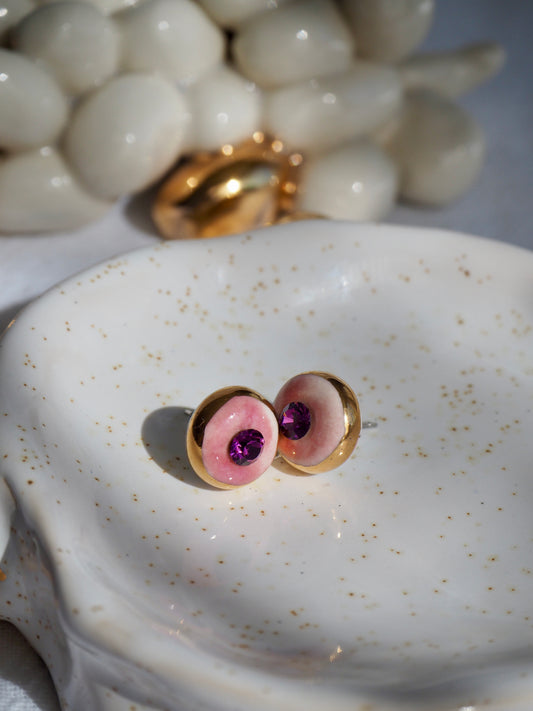 “Supernova” Pale Pink Small Handmade Porcelain Studs with 24k Gold lustre rims and Swarovskis Crystal
