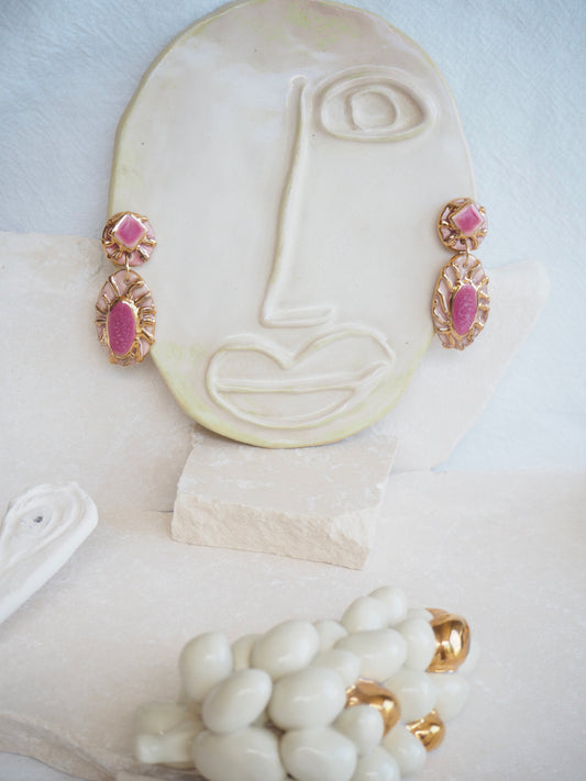 Pietra Collection handmade Porcelain Earrings coloured with Dark and Light Pink glossy glaze with 24k gold lustre details