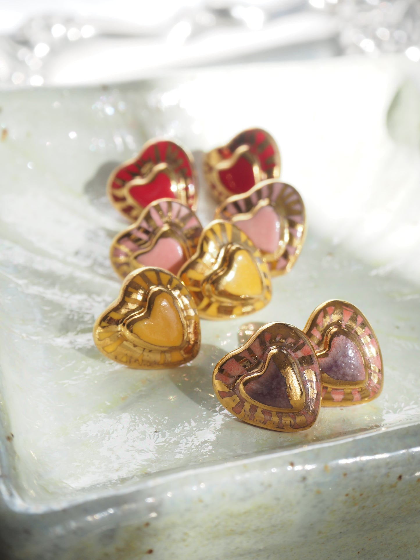 Small Handmade Porcelain Heart Stud coloured with “Mustard Yellow” glossy glaze with 24k Gold lustre rays