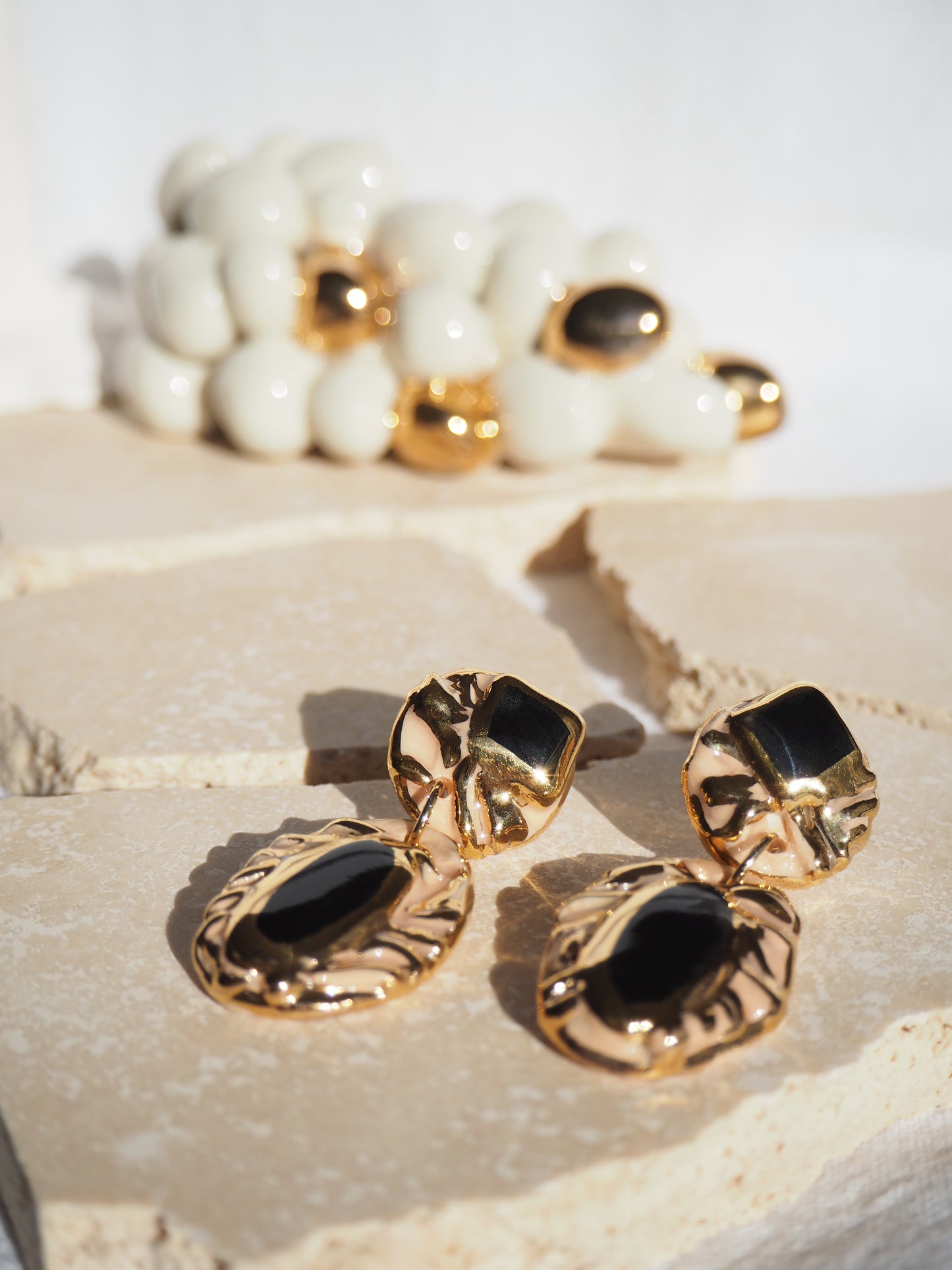 Pietra Collection handmade Porcelain Earrings coloured with black glossy glaze with 24k gold lustre details