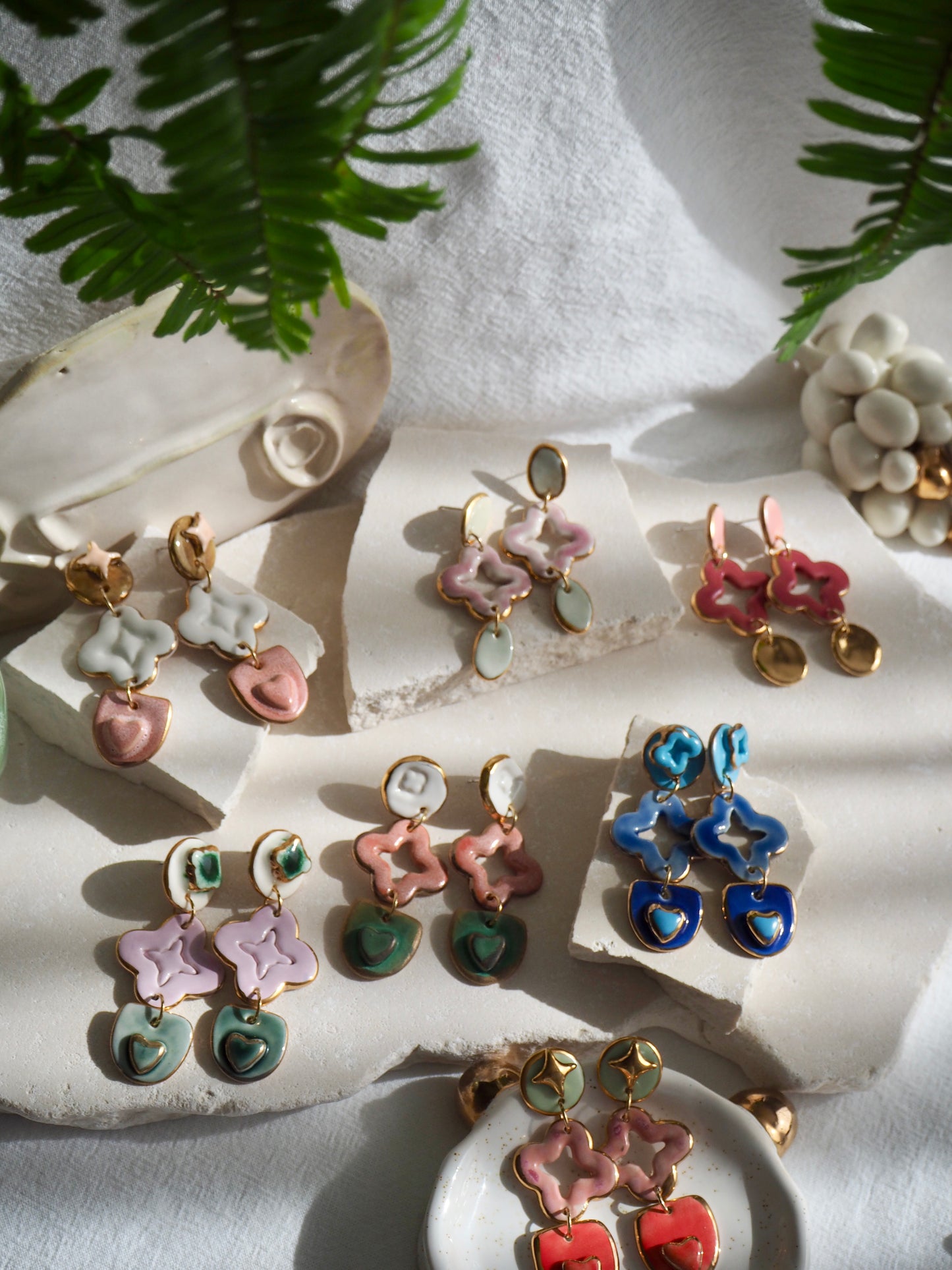 Gioia Originals “Fortunata” Handmade Porcelain Earrings in shades of Blues glossy glazes with 24k Gold lustre details