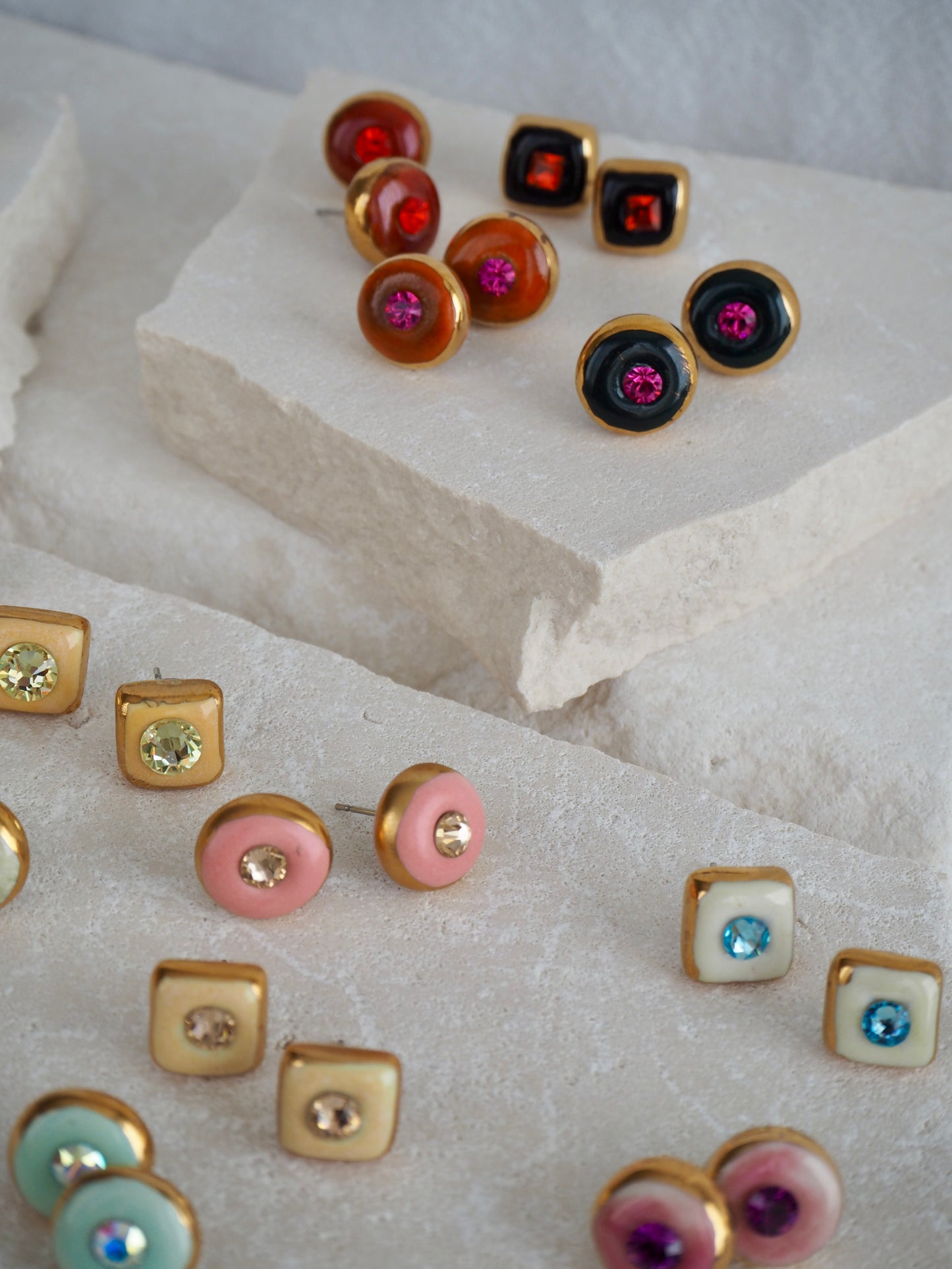 “Supernova” Pale Pink Small Handmade Porcelain Studs with 24k Gold lustre rims and Swarovskis Crystal