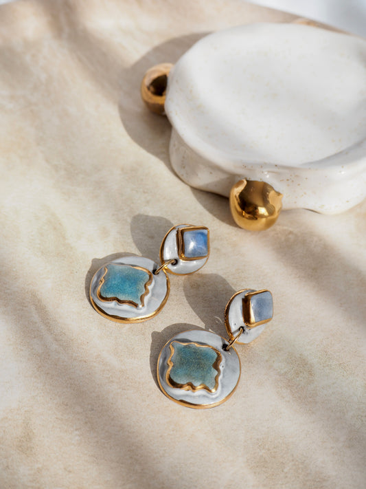 Pietra Collection handmade Black Clay Earrings coloured using green and blue glazes with 24k gold lustre details