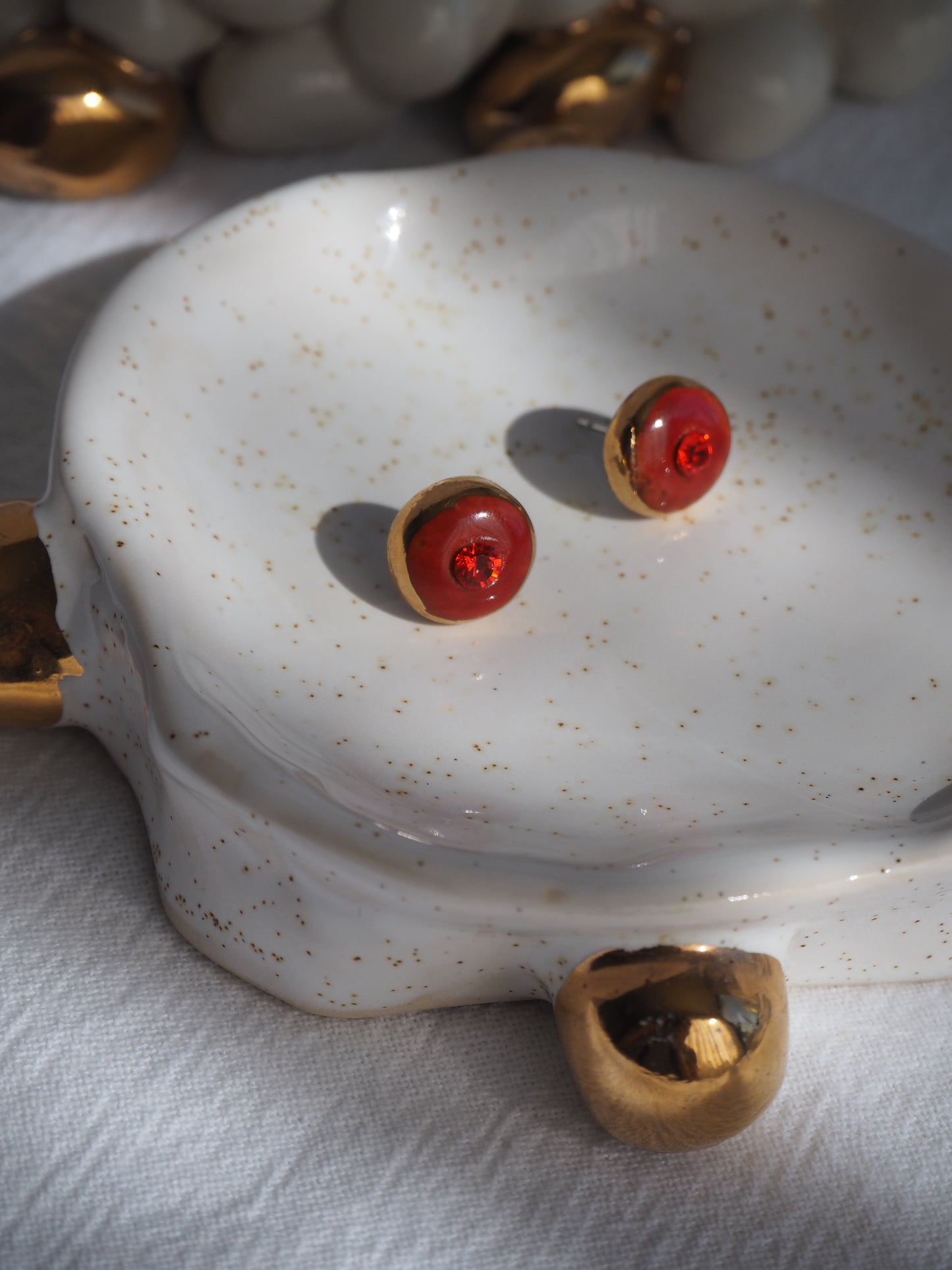 “Supernova” Red Wood Small Handmade Porcelain Studs with 24k Gold lustre rims and Swarovskis Crystal