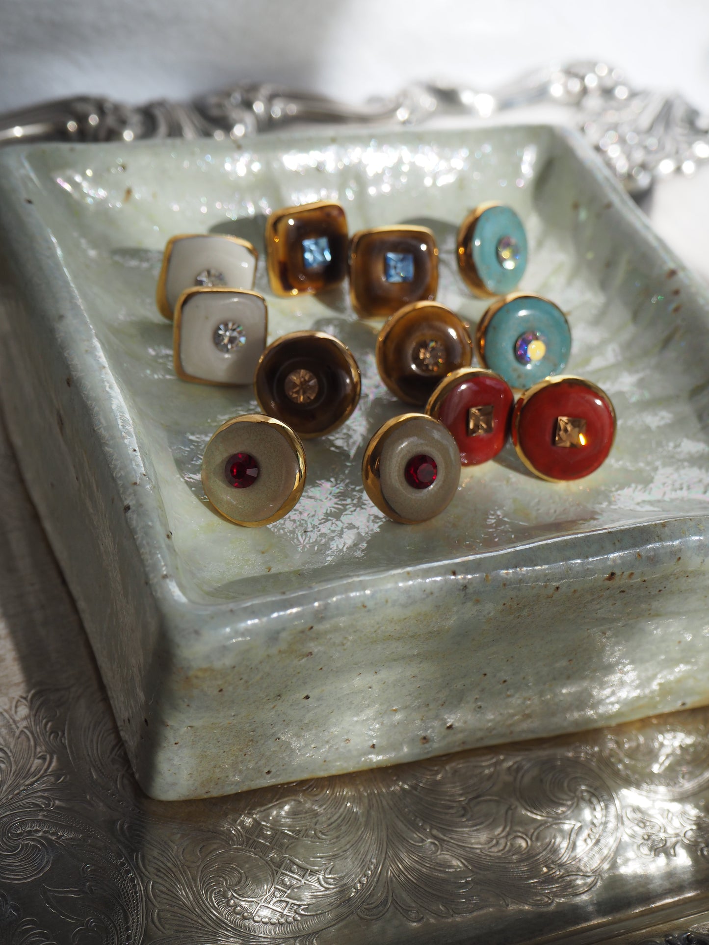 “Bigger Supernova”  Mahogany Brown Large Handmade Porcelain Studs with 24k Gold lustre rims and an Swarovskis Crystal