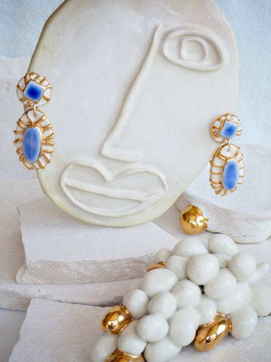 Pietra Collection handmade Porcelain Earrings coloured with Blue and White glossy glaze with 24k gold lustre details