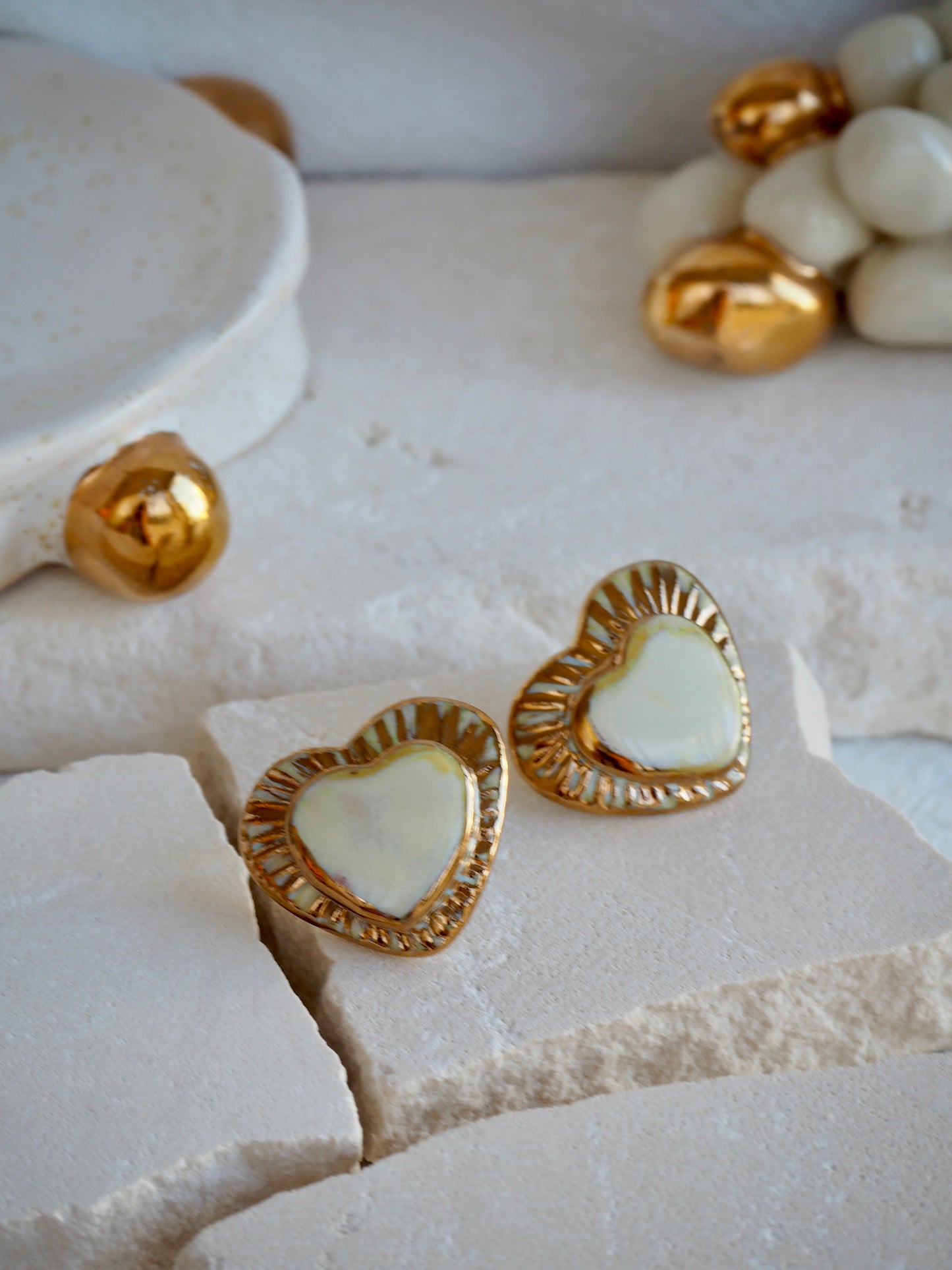 Large Handmade Porcelain Heart Stud Earrings coloured with “Pearly Off-White” glossy glaze & 24k Gold lustre details