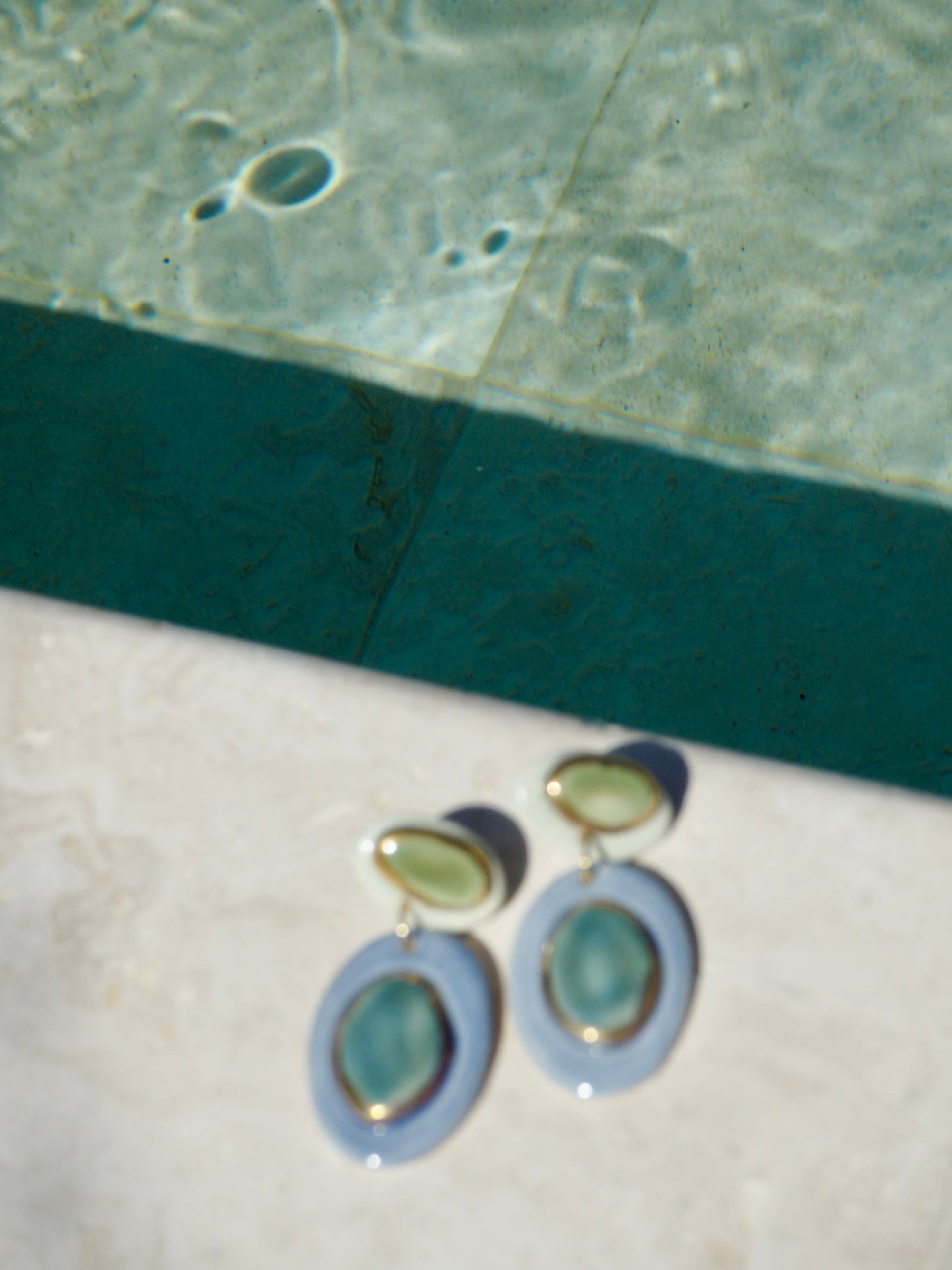 Femminilità Porcelain Earrings in  Green Tones & Light Cobalt Blue coloured glazes
