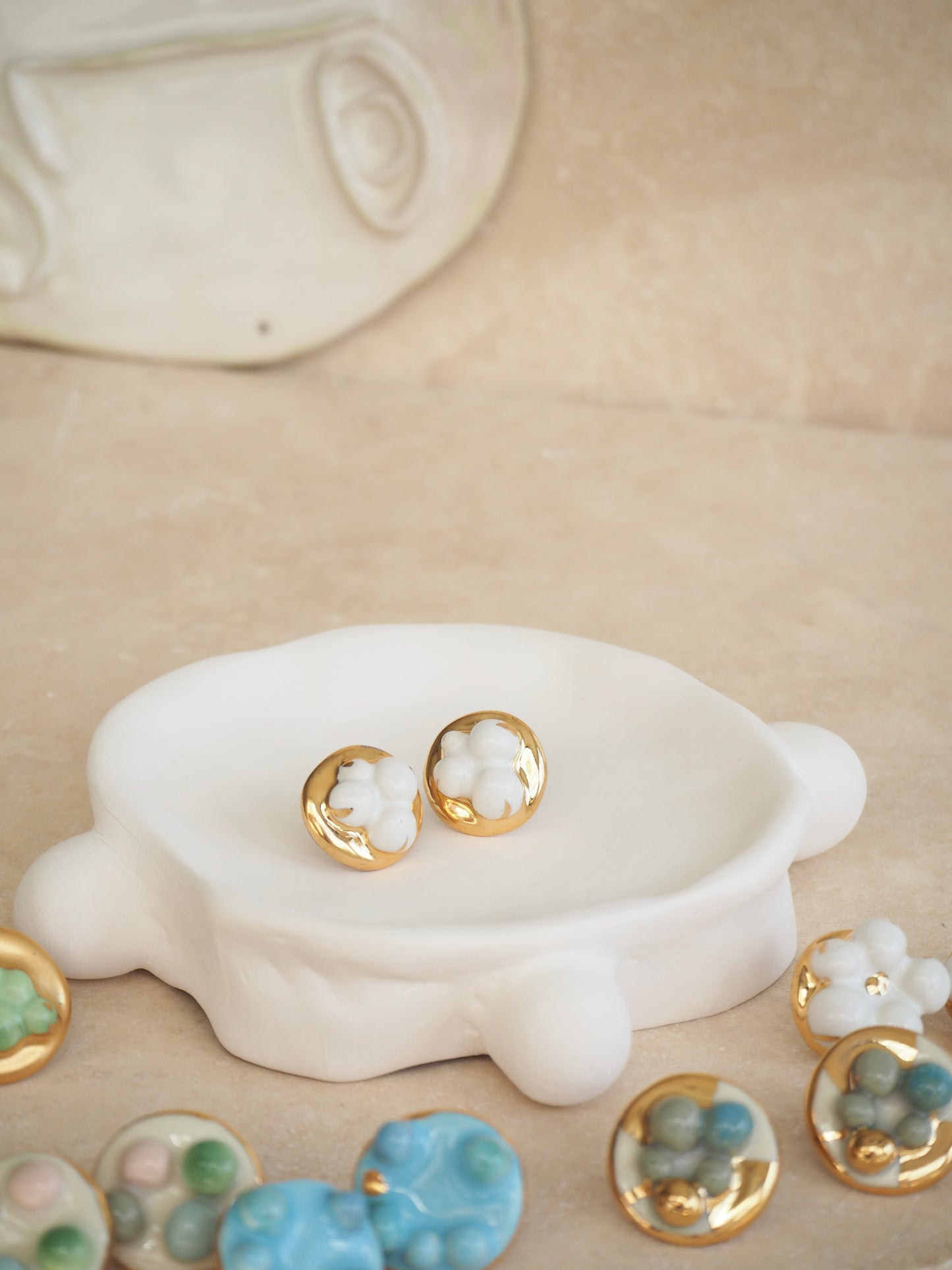the Jocelyn collection “Nuvolosa” handmade Porcelain Earrings with 24k gold lustre details