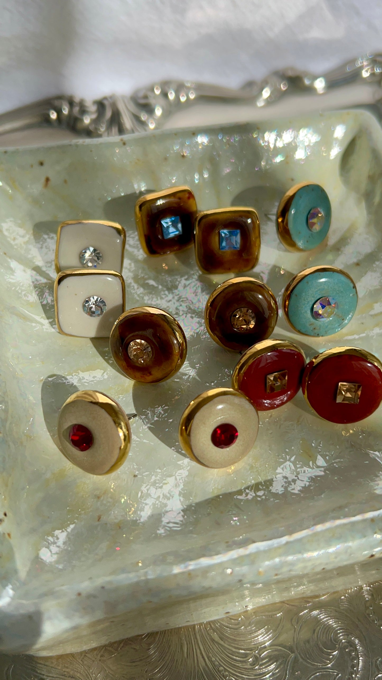 “Bigger Supernova”  Light Brown Large Handmade Porcelain Studs with 24k Gold lustre rims and an Swarovskis Crystal