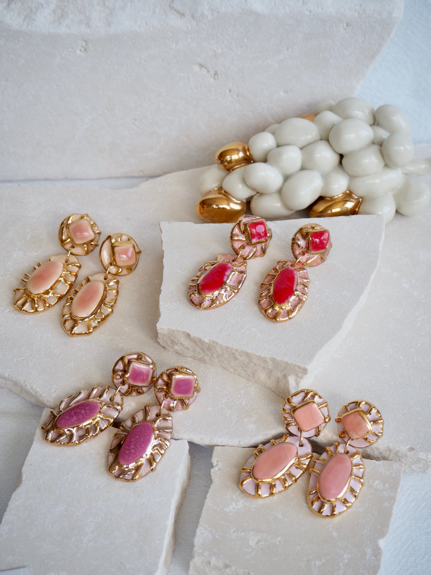 Pietra Collection handmade Porcelain Earrings coloured with Dark and Light Pink glossy glaze with 24k gold lustre details