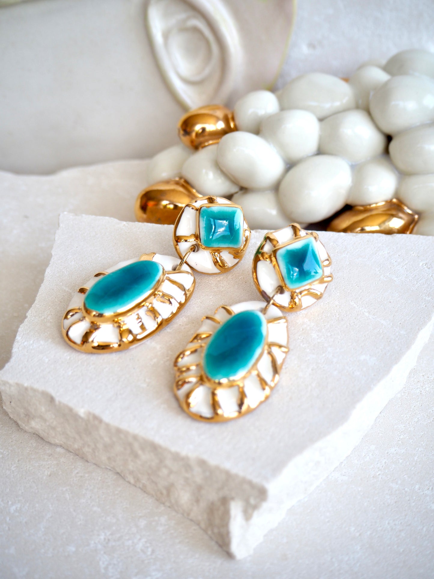 Pietra Collection handmade Porcelain Earrings coloured with Jade and White glossy glaze with 24k gold lustre details