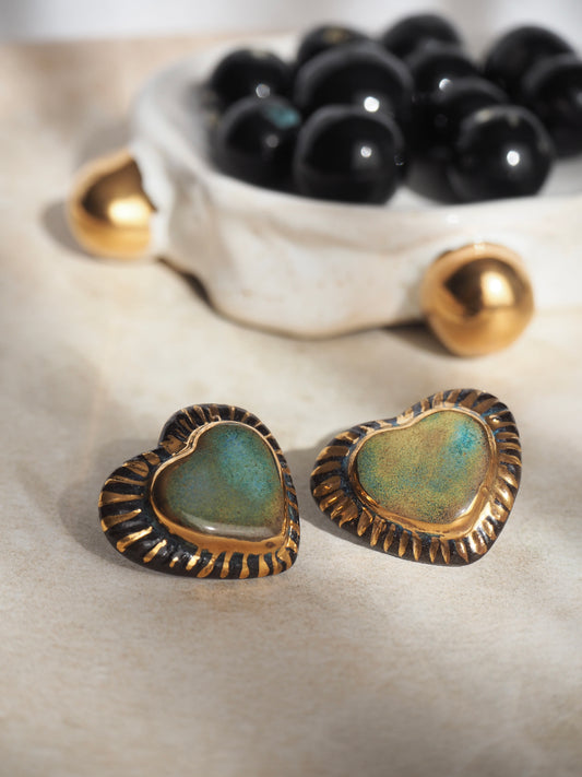 Black Clay Heart Earrings with blue glossy glazes & 24k Gold lustre rim