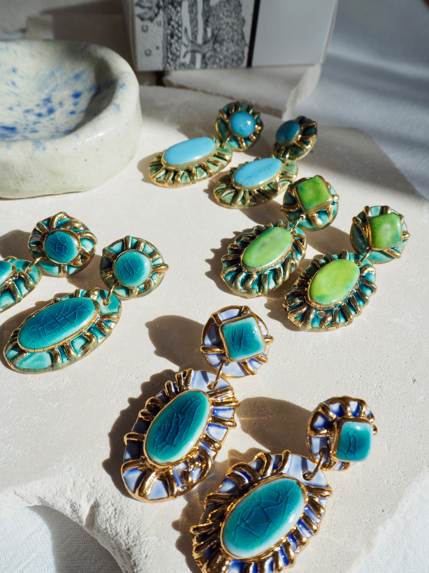 Pietra Collection handmade Porcelain Earrings coloured with Jade glossy glaze with 24k gold lustre details