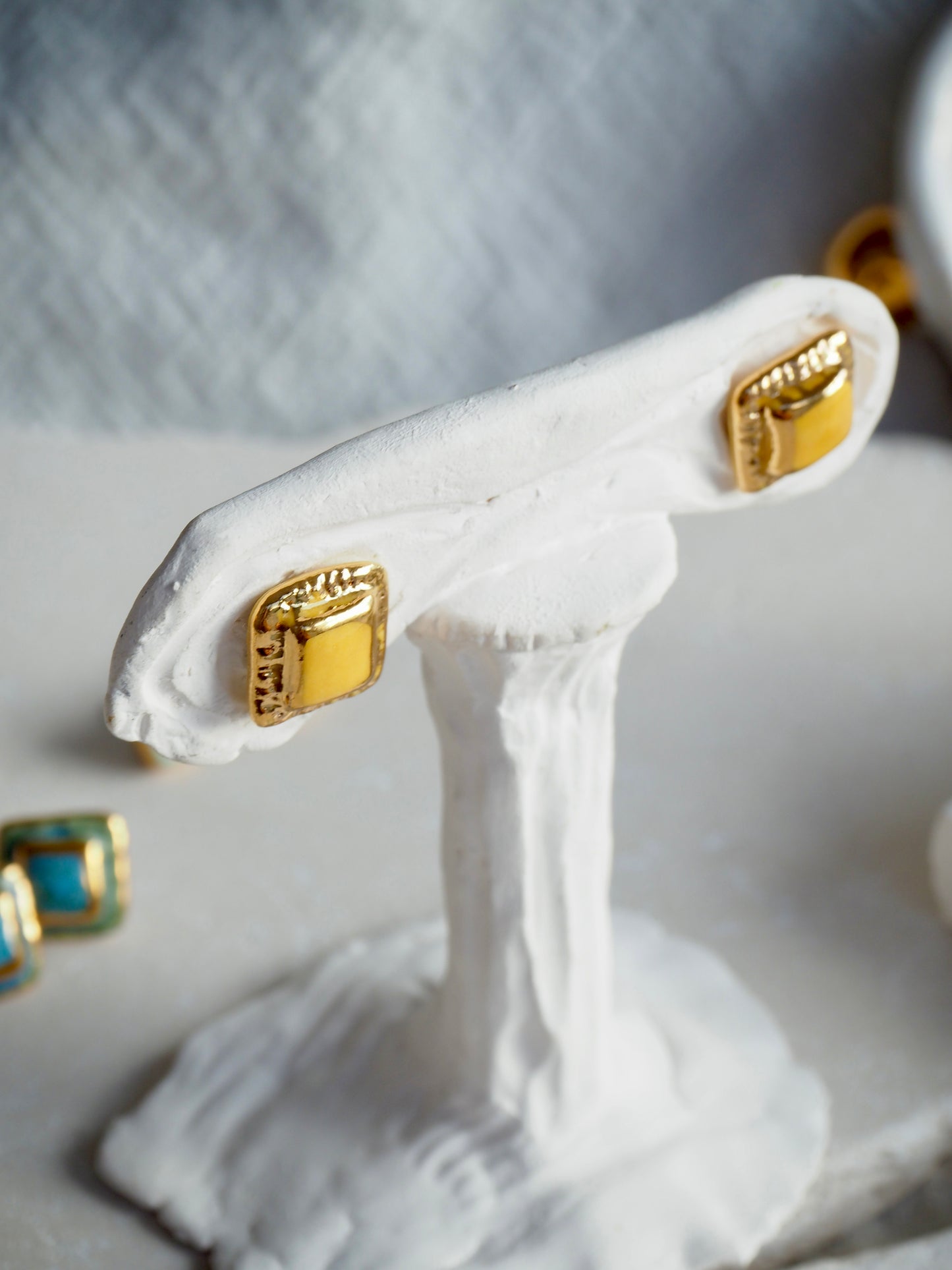 “il Quadrato” Small Handmade Porcelain Studs coloured with Dark Blue glossy glaze with 24k Gold lustre details