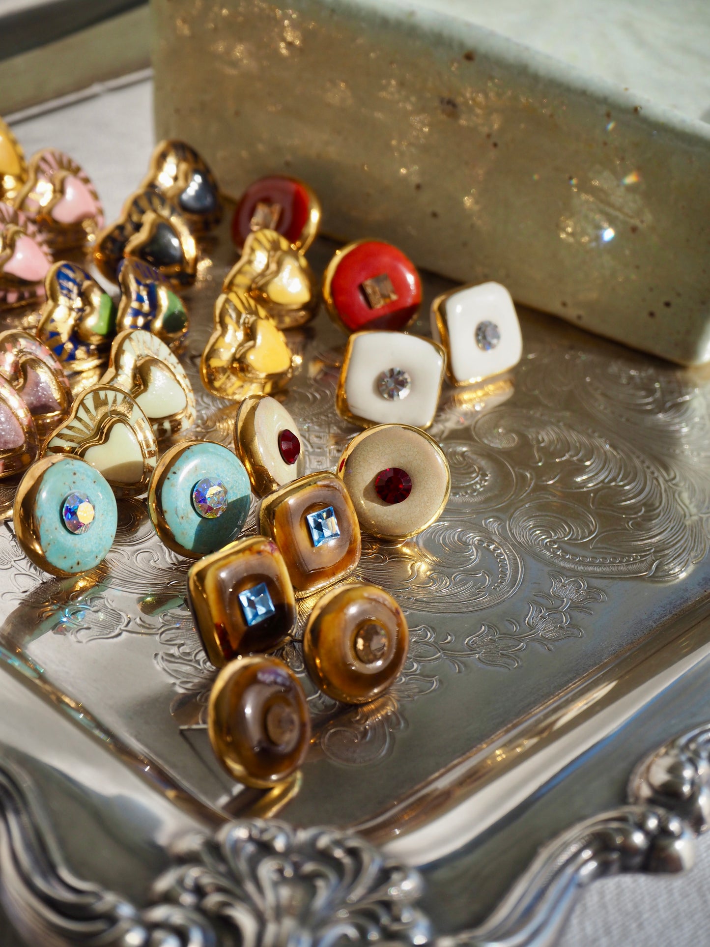 “Bigger Supernova”  Light Brown Large Handmade Porcelain Studs with 24k Gold lustre rims and an Swarovskis Crystal