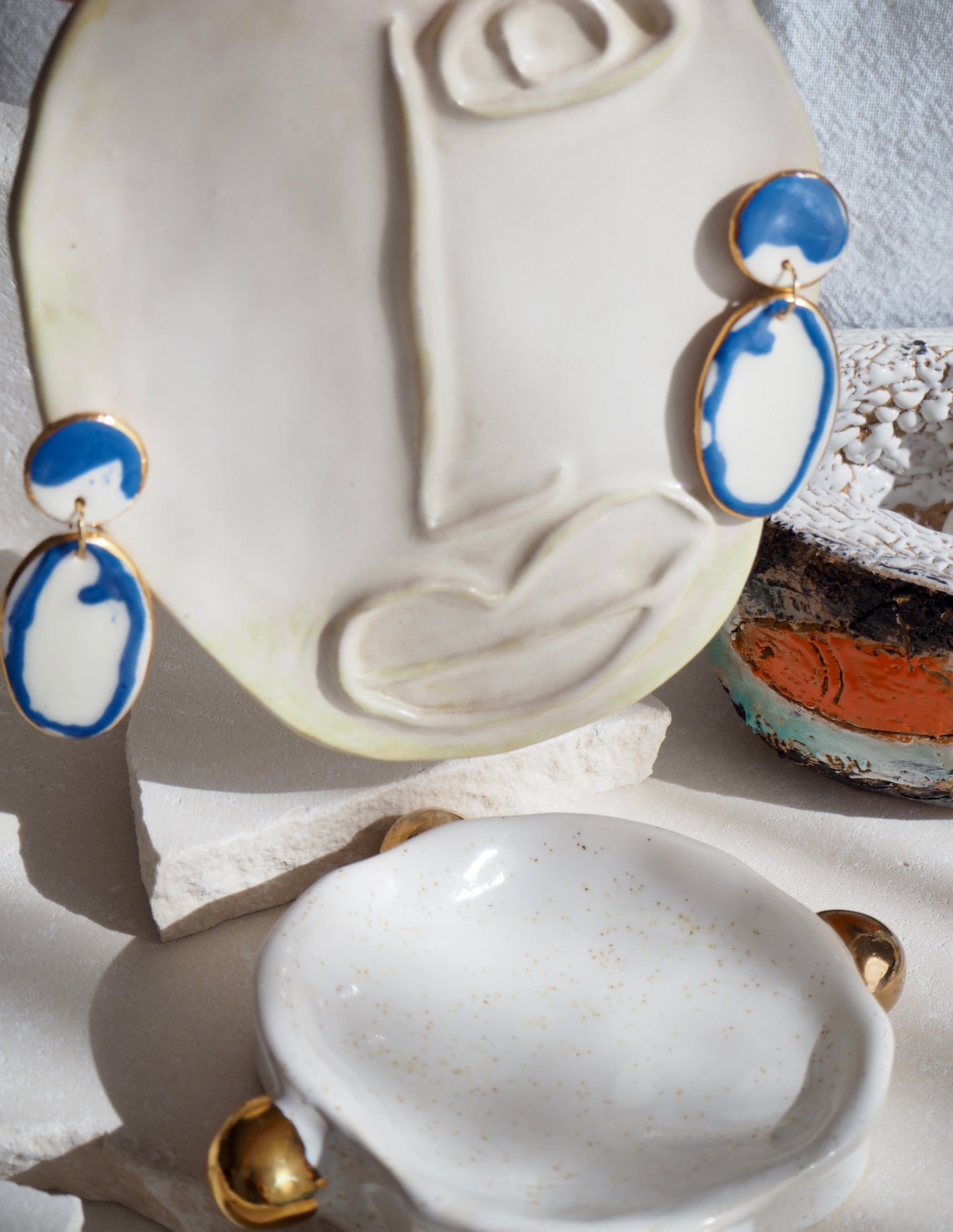 Royal Blue Rim & White Porcelain Earrings coloured using ceramic stain under clear glaze for glossy look