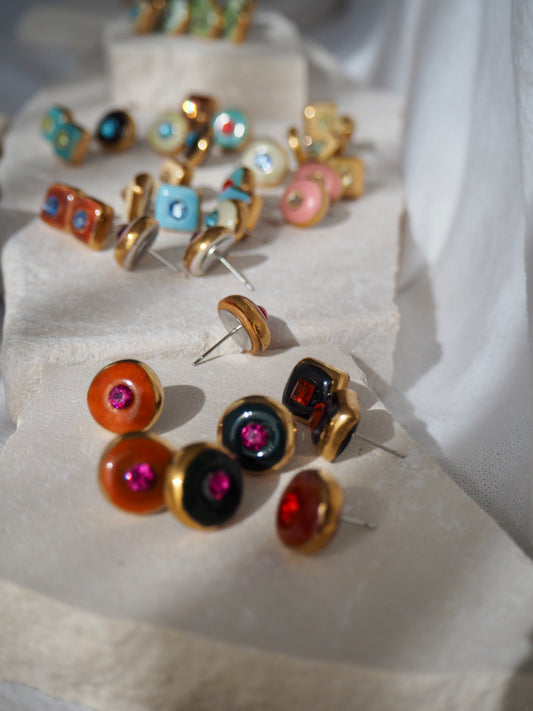 “Supernova” Red Wood Small Handmade Porcelain Studs with 24k Gold lustre rims and Swarovskis Crystal