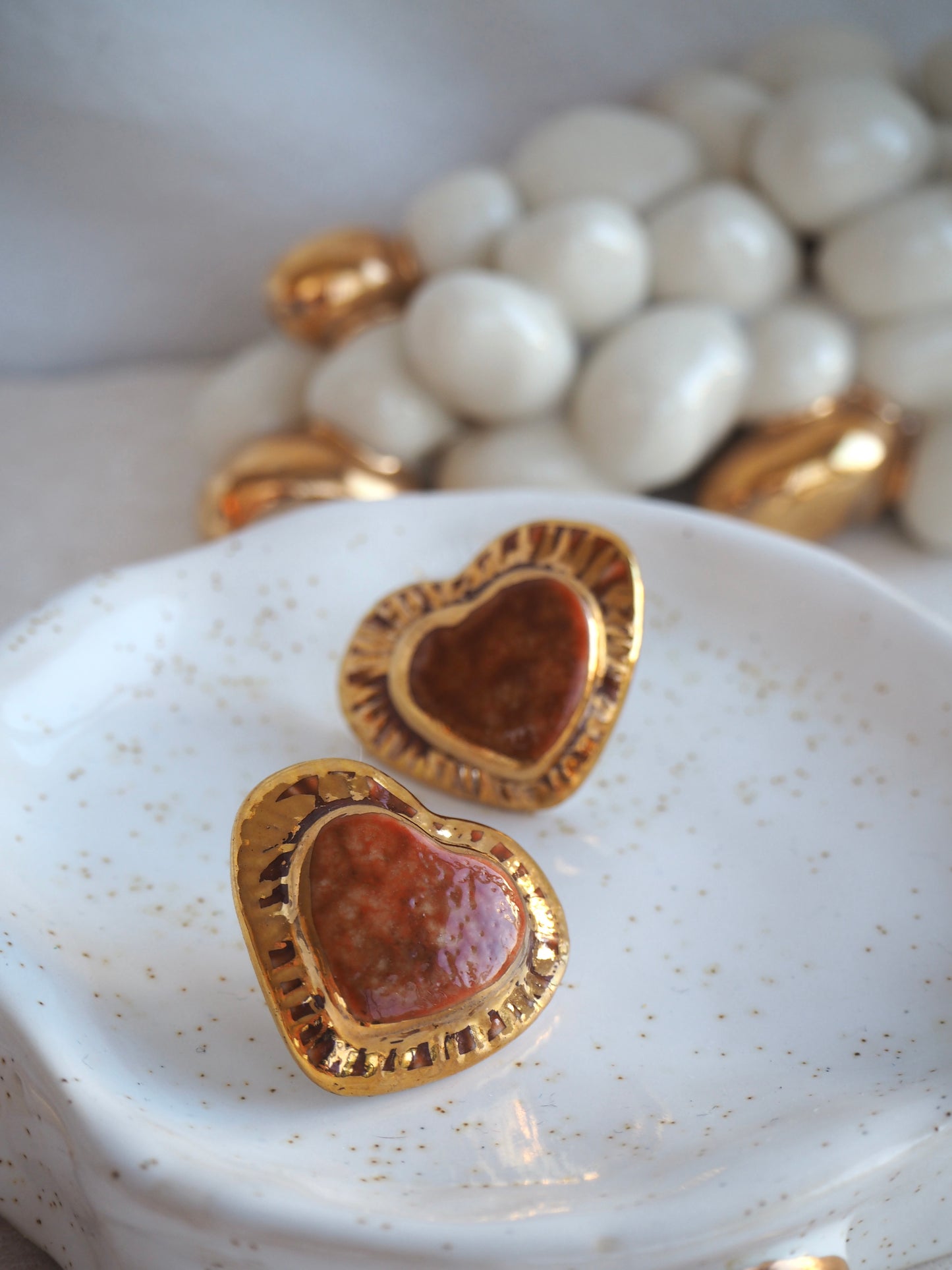 Large Handmade Porcelain Heart Stud Earrings coloured with “Leader Brown” & 24k Gold lustre details