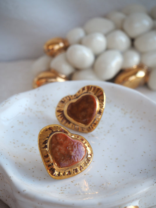 Large Handmade Porcelain Heart Stud Earrings coloured with “Leader Brown” & 24k Gold lustre details