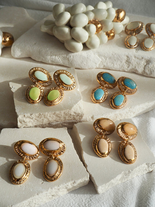 Vanilla “Anima” Handmade Porcelain Earrings with Parchment underglaze under Creamy coloured glazes with 24k gold lustre rays