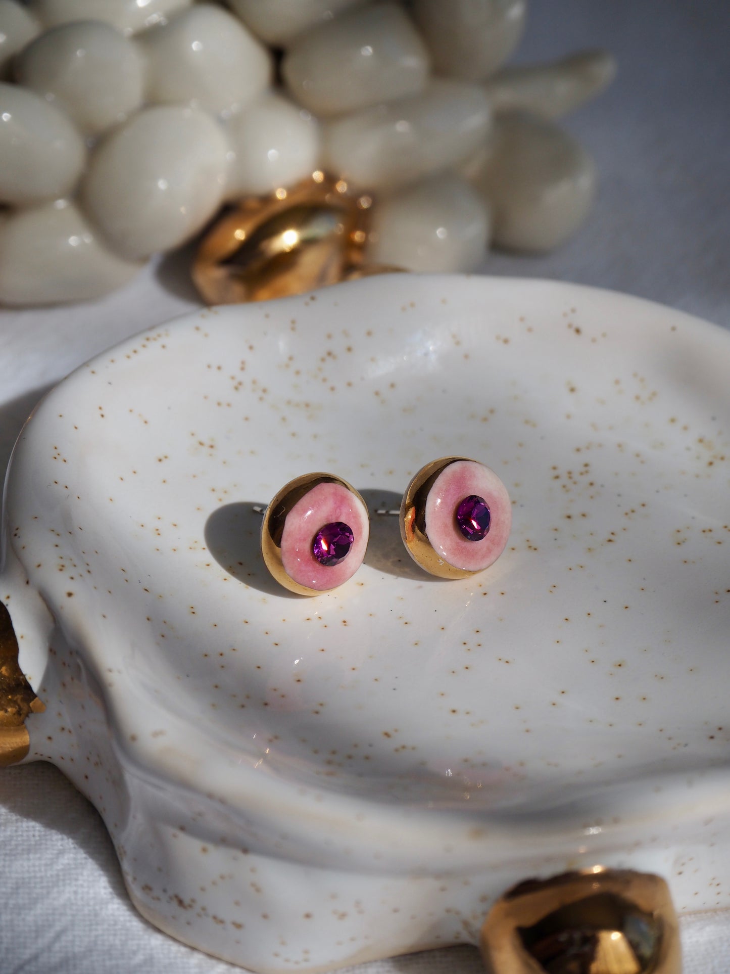 “Supernova” Pale Pink Small Handmade Porcelain Studs with 24k Gold lustre rims and Swarovskis Crystal