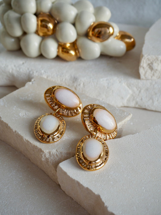 Coconut “Anima” Handmade Porcelain Earrings with Parchment underglaze under Faded White coloured glaze with 24k gold lustre rays